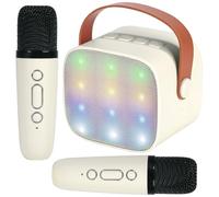 LiveGo Mini Karaoke Machine for Kids, Portable Bluetooth Speaker with 2 Wireless Microphone for Adults with Led Lights, Karaoke Gifts for Girls and Boys Birthday Home Party (off white)