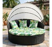 LiveGo Outdoor Daybed Cushion Cover, 66" Replacement Daybed Cover with Elastic Band, Sun Bed Cushion Cover, Outdoor Round Bed Cushion Covers (Green Leaves, 4 Quarters Round Covers + 3 Pillow Covers)
