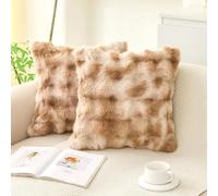 LiveGo Pack of 2 Thick Plush Wool Cushion Covers 45x45cm, Soft Fuzzy Faux Rabbit Fur Cushion Covers Raised Texture, Neutral Boho Home Decor for Couch Bed Living Room (2-White Brown)