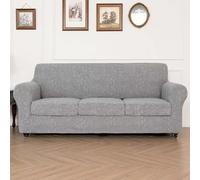 LiveGo Stretch Jacquard Chair Sofa Slipcover - 4 Pieces Luxury Soft Jacquard Couch Cover Furniture Protector with Elastic Bottom for Pets, Machine Washable (Light Gray A, 3 Seater)