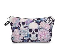 Livel lhood Floral Skull Makeup Bag Cute Small Organizer Zipper Pouch Pink Floral Skull Cosmetic Bag Gothic Birthday Present for Women Friends