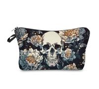Livel lhood Floral Skull Makeup Bag Cute Small Organizer Zipper Pouch White Floral Skull Cosmetic Bag Gothic Birthday Present for Women Friends