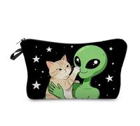 Livel lhood Funny Alien Makeup Bag Cute Small Organizer Zipper Pouch Cats And Aliens Cosmetic Bag Birthday Present for Women Friends