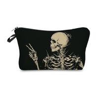 Livel lhood Funny Victory Sign Skeleton Makeup Bag Cute Small Organizer Zipper Pouch Victory Sign Skeleton Cosmetic Bag Gothic Birthday Present for Women Friends