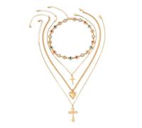 liveliwithmin Gold Cross Statement Necklace Multilayer Stacked Dainty Love Heart Crucifix Pendant Colorful CZ Rhinestone Flower Collar Chain Fashion Stuffs for Women, One Size, Metal, No Gemstone