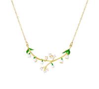 liveliwithmin Lily of the Valley Necklace Women White Flower Green Leaf Necklace Enamel Flower Collar Necklace Gold Chain Tiny Flower Choker Necklace for Her, Zinc, No Gemstone