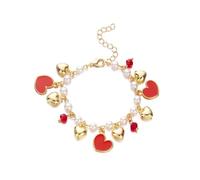 liveliwithmin Sweet Fruit Cherry Strawberry Pearl Chain Bracelet Red Love Heart White Pearl Charm Bracelet for Women Adjustable Gold Bracelet for Mom Best Friends, One Size, Zinc, no gemstone