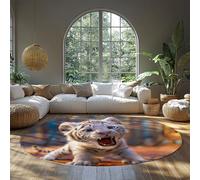 Lively and Vibrant Style Round Area Rugs 160cm Rugs Cute White Tiger Cub Pattern Area Rug Washable Carpet for Living Room Bedroom Home Decor Low Pile Non Slip