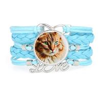 Lively Cat novelty Lucky means love adjustable leather braided bracelet Blu