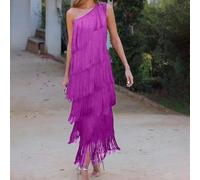 Lively Women's Casual Attire featuring an Innovative Design of the Stylishly Draped Neckline & Flirty Layers of Decorative Fringes (XL Purple)