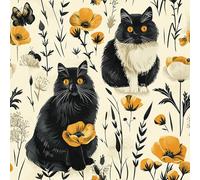 Livelynine 17.5x276" Cat Flower Wallpaper Peel and Stick Retro Beige Cream Black Gold Yellow Kitty Cats Cute Wallpapers for Bedroom Renter Friendly Whimsical Animal Floral Contact Paper for Drawers