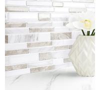Livelynine Kitchen Tile Stickers White Marble Bathroom Stick on Tiles Cream Stone 30x30CM 32 Sheets Wall Tiles Self Adhesive 3D Light Brown Heat Resistant Sticky Tile Sticker for Fireplace Surround