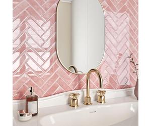 Livelynine Tile Stickers for Bathroom Wall Pink 3D Stick on Tiles Kitchen Splashback Herringbone Pastel Pink 30x30CM 16 PCS Heat Resistant Peel and Stick Wall Tiles Shower Fireplace Marble