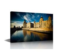 Liverpool Cityscape Canvas Wall Art The Three Graces of Liverpool View Canvas Prints Stretched and Framed Landscape Pictures for Living Room Home Decorations 36x24 inch