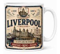 Liverpool England Vintage Style Ceramic Coffee Mug | Retro Travel Poster Design, Iconic Landmarks, Heritage Music Passion, White Ceramic, Novelty Souvenir