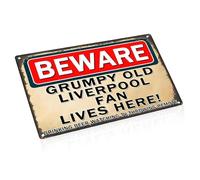 Liverpool Gifts Metal Tin Sign, 8x12in Liverpool Gifts for Men Beware Grumpy Old Liverpool Fan Lives Here Male and Female Soccer Fans Vintage and Fun Signage, Suitable for Living Room Home Wall Club