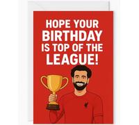 Liverpool Mo Salah Birthday Card - Red Design with Trophy Illustration - A5 Size Football Greeting Card for Fans