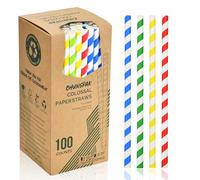 Lives on Green 100 x 216 x 10mm Wide Paper Drinking Straws Colourful Stripes - Smoothie and Milkshake - 4 Ply Heavy Duty Paper - Lasts at least one hour