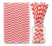 Lives on Green 30.5 x 0.8 cm, Extra-Long and Wide Disposable Paper Straws for Milkshakes, Smoothies, and Large Drinks - Red Stripes, Pack of 100, Biodegradable.