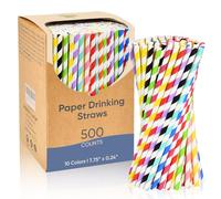 Lives on Green 7.75" Colorful Striped Paper Drinking Straws, 500 Counts in Bulk, 10 Assorted Colors, Disposable & Biodegradable - for Bar, Restaurant, Party, Crafts, Cake Pops