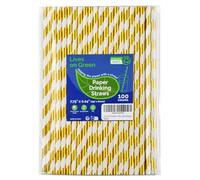 Lives on Green 7.75 inch Gold/White Striped Paper Straws for Drinking 100 Counts for Bar, Restaurant, Wedding, Party - Unwrapped