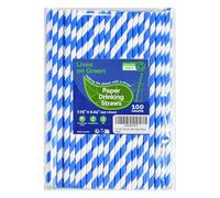 Lives on Green Blue Striped Disposable Paper Drinking Straws 19.7cm Pack of 100 Compostable - Cocktail Coffee Juice