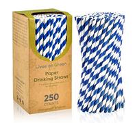 Lives on Green Disposable Paper Drinking Straws, 19,7cm x 0,6cm, for Regular Drinks, Juice, Cocktail - Blue and White Striped, 250 Counts