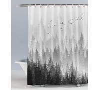 LIVETTY Black Shower Curtain White Misty Forest Shower Curtains Plant Tree Nature Woodland Shower Curtain 200 x 200 cm with 12 Hooks Fabric Bath Curtain Washable Quick-Drying