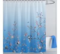 LIVETTY Ombre Blue Bird Extra Long Shower Curtain 200cm × 200cm Drop Floral Butterfly Fabric Bathroom Curtain Mould Proof Spring Washable Shower Curtain With 12 Hooks
