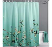 LIVETTY Ombre Green Bird Extra Long Shower Curtain 180cm × 200cm Drop Floral Butterfly Fabric Bathroom Mould Proof Spring Washable Shower Curtain With 12 Hooks