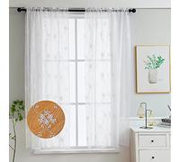 LIVETTY Original Net Curtains - 72 Inch Drop Curtain, 2 Panels Set, White Eyelet, Transparent Linen Style Voile, 3D Floral Classic Embroidery for Bedroom, Living Room, Kitchen