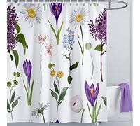 LIVETTY Shower Curtain Floral 180 x 180 cm Purple Boho Bathroom Curtains Waterproof Polyester Fabric Bath Curtain Plants Shower Curtains with 12 Hooks
