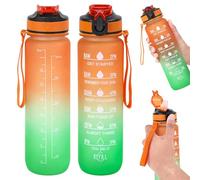 Livhome 1L Leakproof Hourly Water Bottle, BPA-Free Plastic Bottle with Straw, Time-Marking Intake Tracker, Motivational Gym & Sports Hydration Bottle for Adults (Orange/Green)