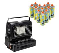 LIVHOME 2-in-1 Portable Gas Heater & Stove 1.3kW with Auto Ignition, Safety Grill & Temperature Control, Butane/Propane Compatible Camping Heater Cooker for Camping (Camping Heater + 12 Canisters)