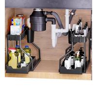 Livhome 2 Pack 2 Tier Under Sink Organiser with Pull-Out Drawers, Kitchen Storage Shelf with Hanging Hooks, Compact Storage Solution for Bathroom, Laundry Room & Cabinet Organisation (Black)
