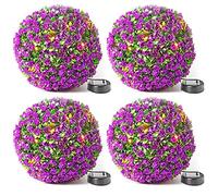 Livhome 28cm Solar Powered Artificial Rose Topiary Ball with 20 LED Lights, Hanging Boxwood Garden Ornament with Warm White Dual Function Static & Flashing Modes (Purple, 4 Pack)