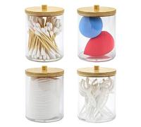 Livhome 4 Pack Qtip Holder Bathroom Acrylic Storage Jars with Bamboo Lids Cotton Pad Swab Dispenser Canisters Makeup Organiser Clear Vanity Containers