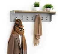 Livhome 7 Hook Grey Wall Mounted Coat Rack, Wooden Coat Hooks with Shelf and Storage, Wall Shelf with Hooks Underneath, Hallway and Closet Organizer for Coat and Wardrobe Storage