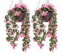 LIVHOME Solar Powered Artificial Floral Hanging Basket Planter with 80 Warm White LED Lights, Rattan Effect Outdoor Flower Pot with Chain, Decorative Garden Light for Patio Balcony Fence Lawn (2 Pack)