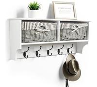 Livhome Wall Mounted Coat Hooks and Shelf, 5 Double Coat Hooks with 2 Storage Baskets, White MDF Wooden Shelf Wall Storage Unit, Closet Organizer for Entryway, Hallway, Wardrobe Storage Unit