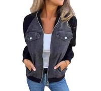 Liviiaa Modern Denim Jacket, Modern Jacket with Denim Fabric, Women's Autumn Winter Long Sleeve Zipper Hit Color Denim Stitching Casual Hooded Outwear Jacket (Dark Grey,M)