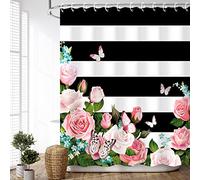 LIVILAN Black and White Striped Shower Curtain with Pink Roses, Butterfly Shower Curtains Set with Hooks, Striped Floral Shower Curtain for Bathroom 72x72 Inches