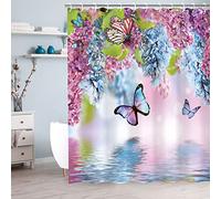 LIVILAN Butterfly Shower Curtains with Hooks, Floral Shower Curtain, Blue Butterfly Shower Curtain, Watercolor Flowers and Green Leaves Fabric Curtains for Bathroom Decor (72" W X 72" H)