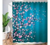 LIVILAN Cherry Blossom Shower Curtain - Japanese Floral Sakura Plum Blossom Flower With 12 Hooks, Teal Blue and Pink, 72" W x 78" H