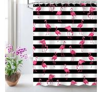 LIVILAN Flamingo Shower Curtain, Pink With Black and White Stripes, Hooks Included, Machine Washable, for Bathroom Decor (72" X 72")