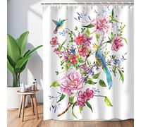 LIVILAN Floral Shower Curtain With Hooks - Pink Hummingbird and Flower Design for Bathroom Spring Decor, 72" W X 72" H