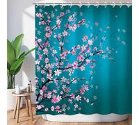 LIVILAN Cherry Blossom Shower Curtain Japanese Shower Curtain Floral Sakura Plum Blossom Flower Shower Curtains with 12 Hooks Teal Blue and Pink Pretty Shower Curtain, 72" W x 72" H
