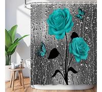 LIVILAN Teal & Turquoise Shower Curtains, 72W x 72H Inch with Hooks - Rose Fall Raindrop Dark Blue Floral on Grey Shower Curtains for Country Bath Decor