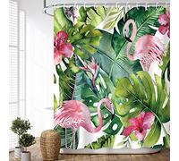 LIVILAN Tropical Shower Curtain, Green Shower Curtain, Flamingo Shower Curtains for Bathroom, Botanical Shower Curtain Set with 12 Hooks, Leaf Bathroom Decor, 72X72 inches