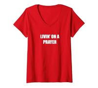 Livin' On A Prayer V-Neck T-Shirt, Women, Red, M